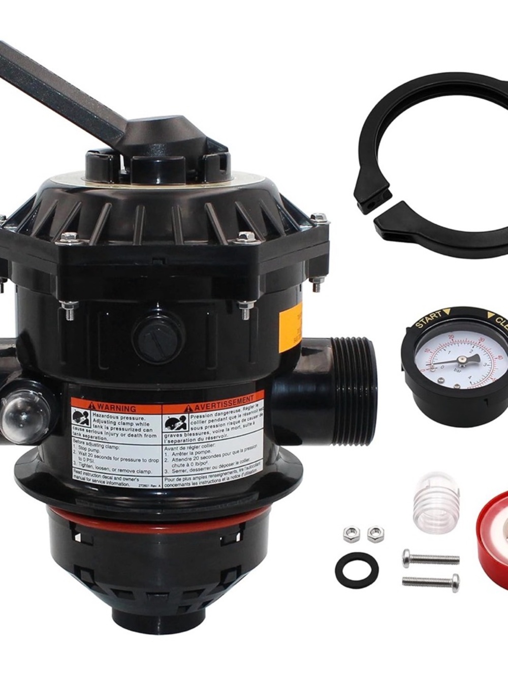 Multi-Port Pool Valve with Pressure Gauge - Black